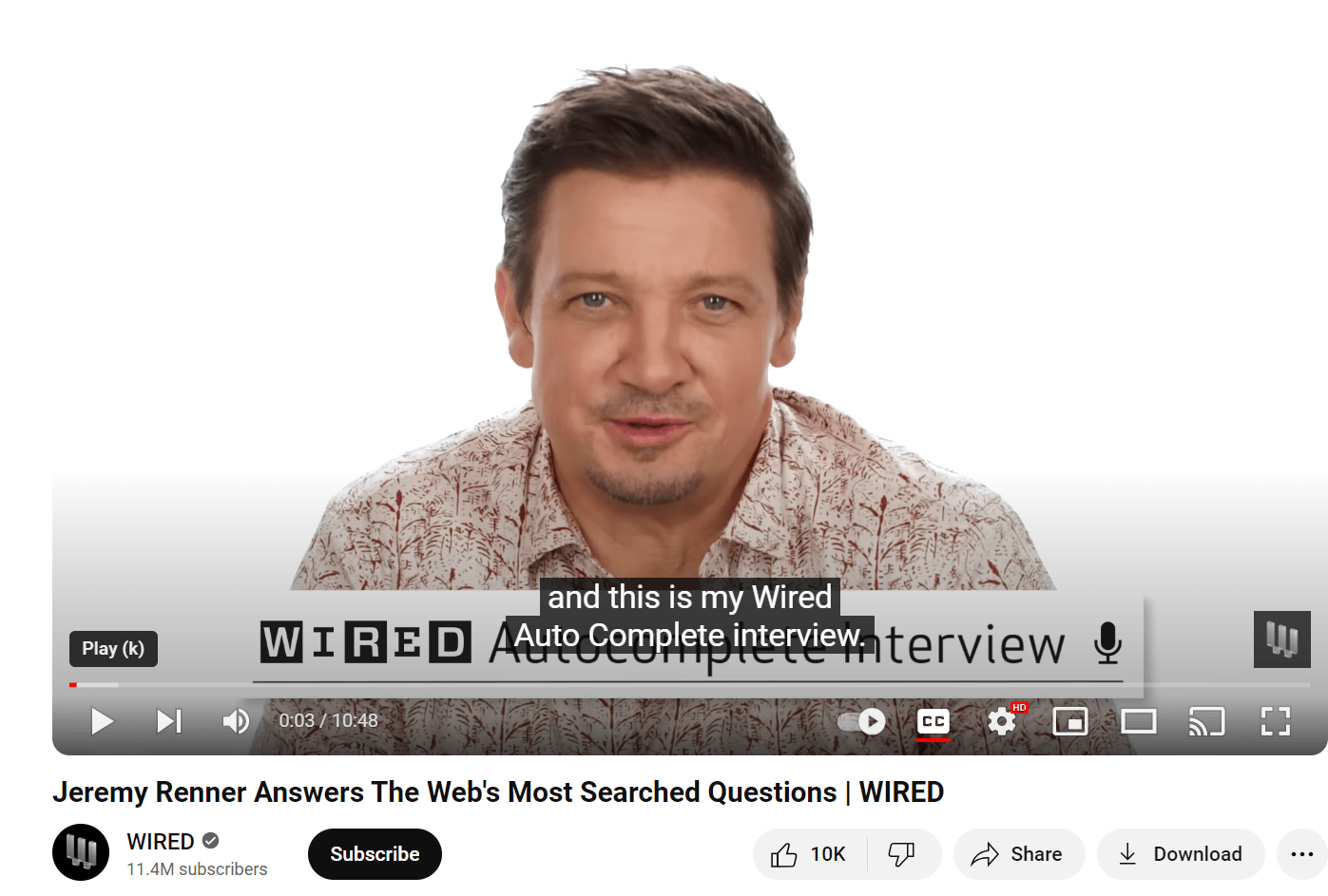 YouTube video of Jeremy Renner doing an interview