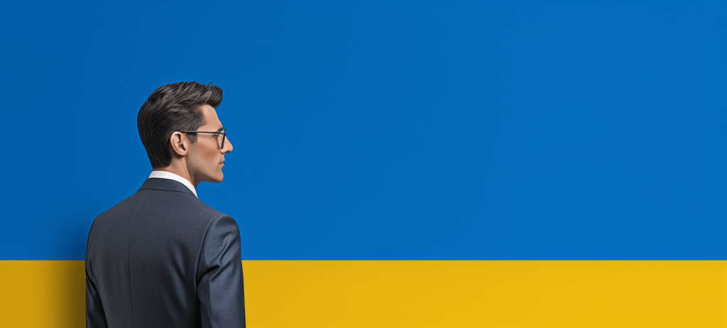 Man in a suit with glasses standing against a blue and yellow wall