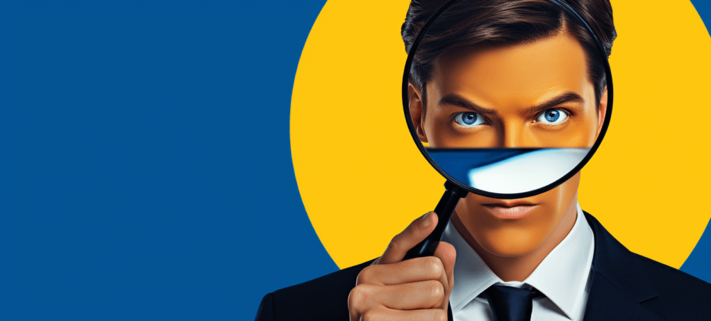 Man in a business suit looking through a magnifying glass