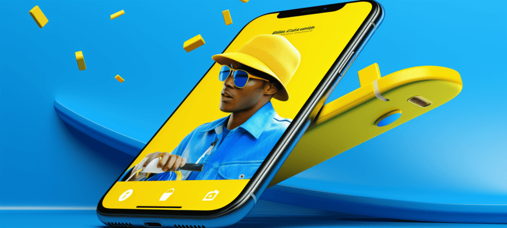 Cell phone showing an image of an African American man wearing a yellow hat and blue clothes