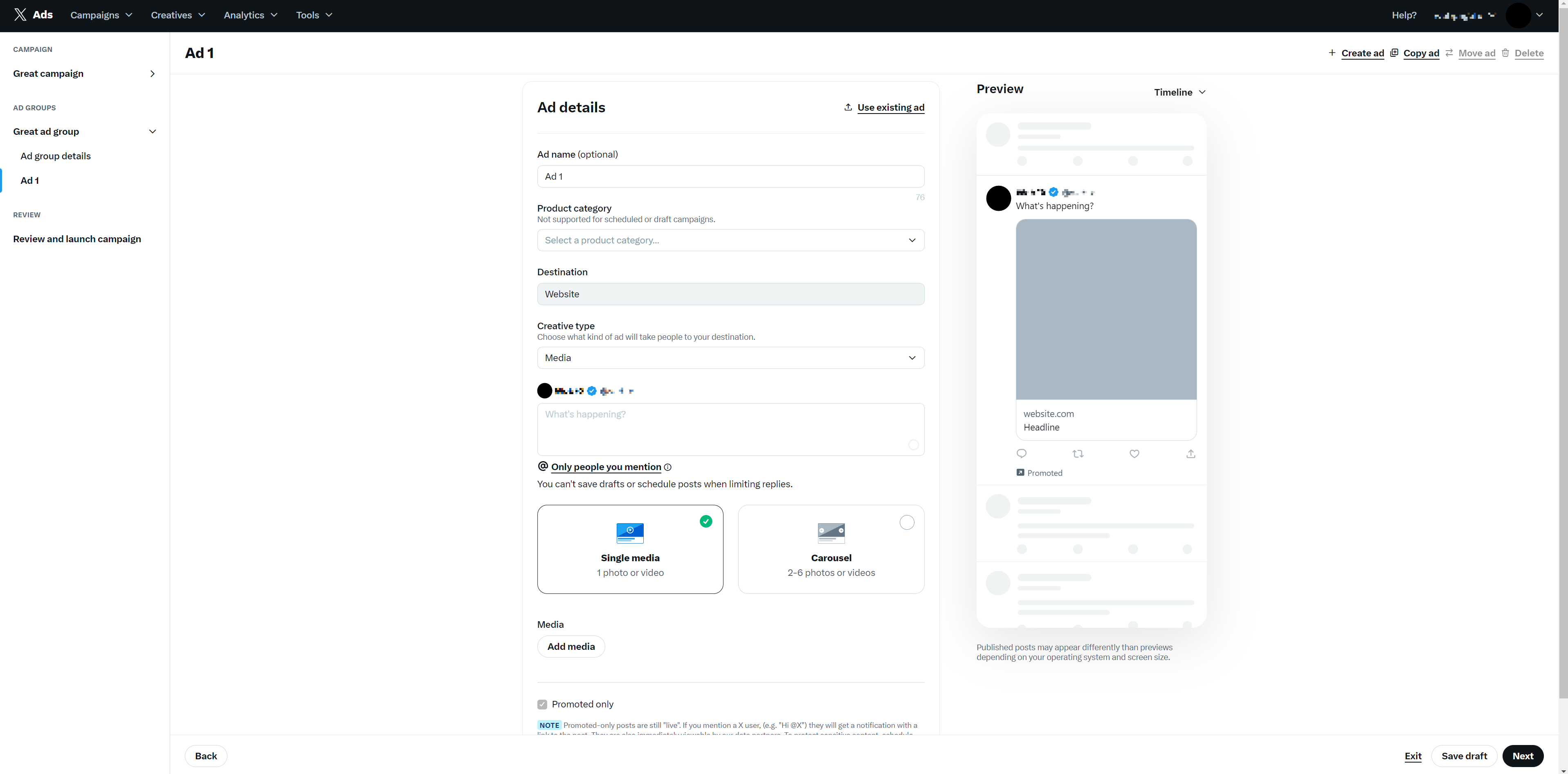 twitter/x ads manager ad creation page with preview