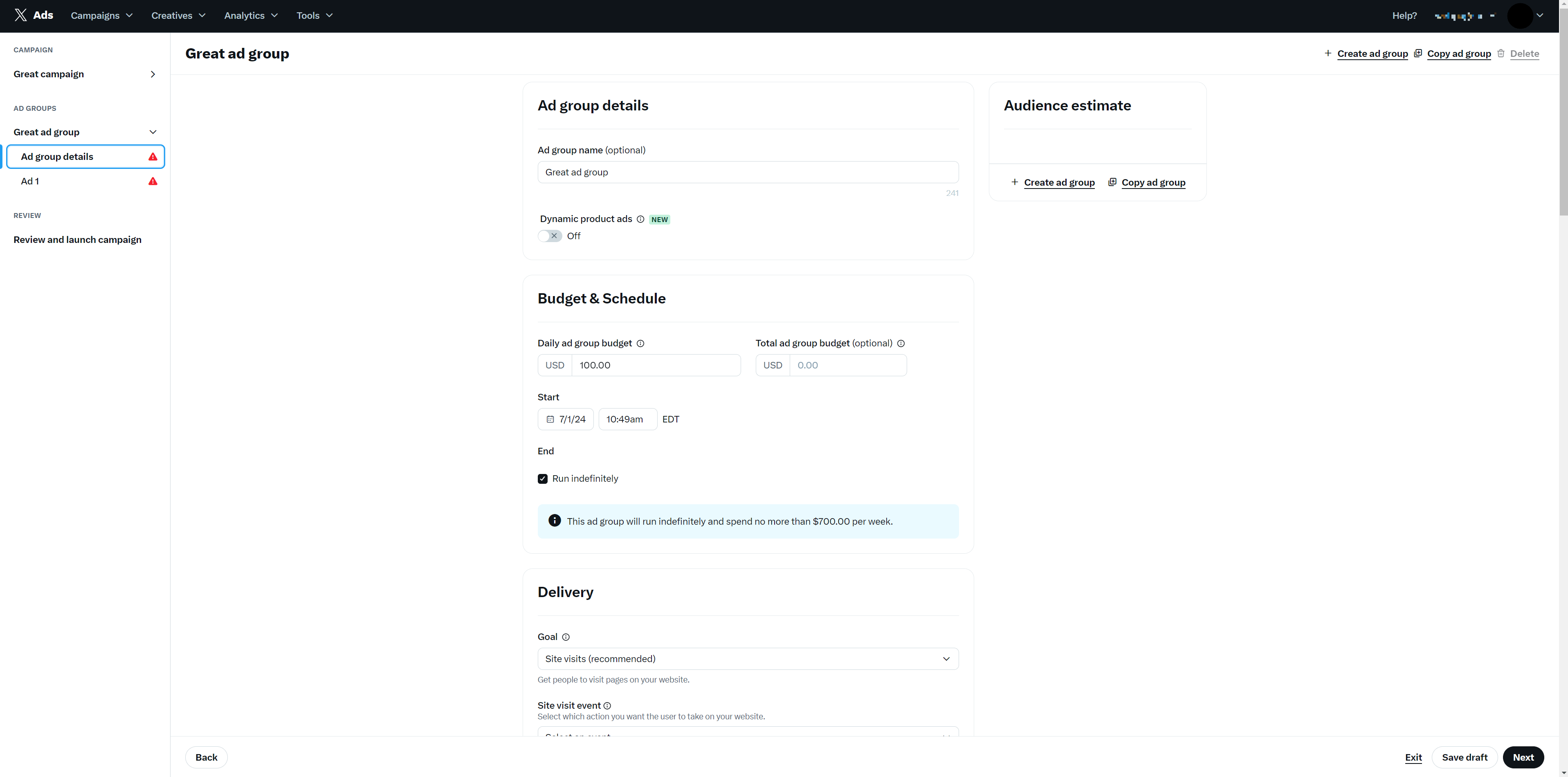 twitter/x ads manager ad group details