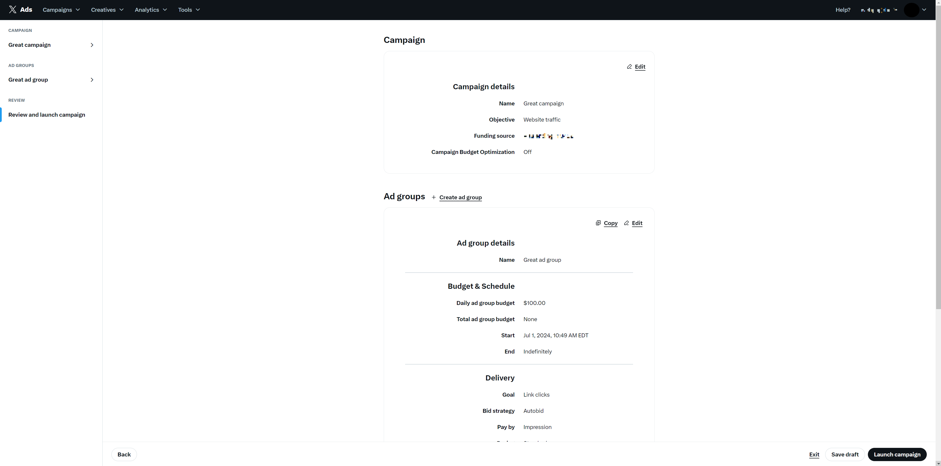 twitter/x ads manager ad review page