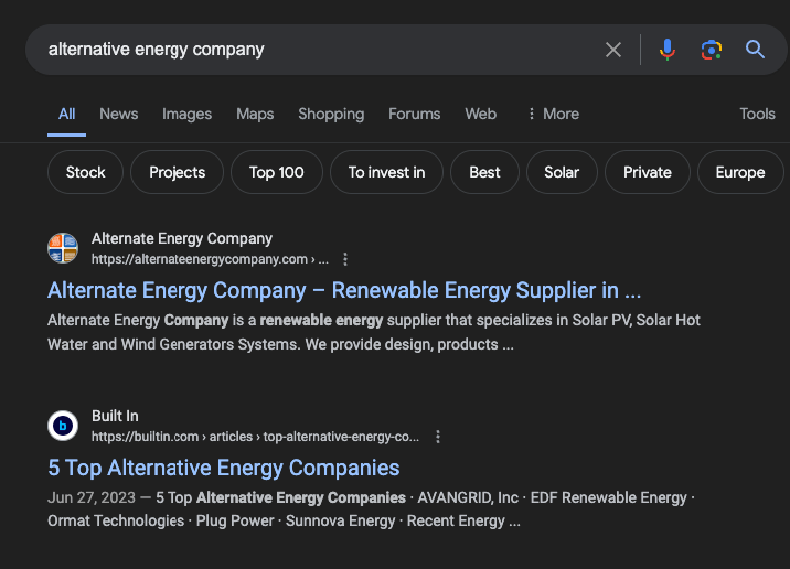 Alternative energy company listing on Google