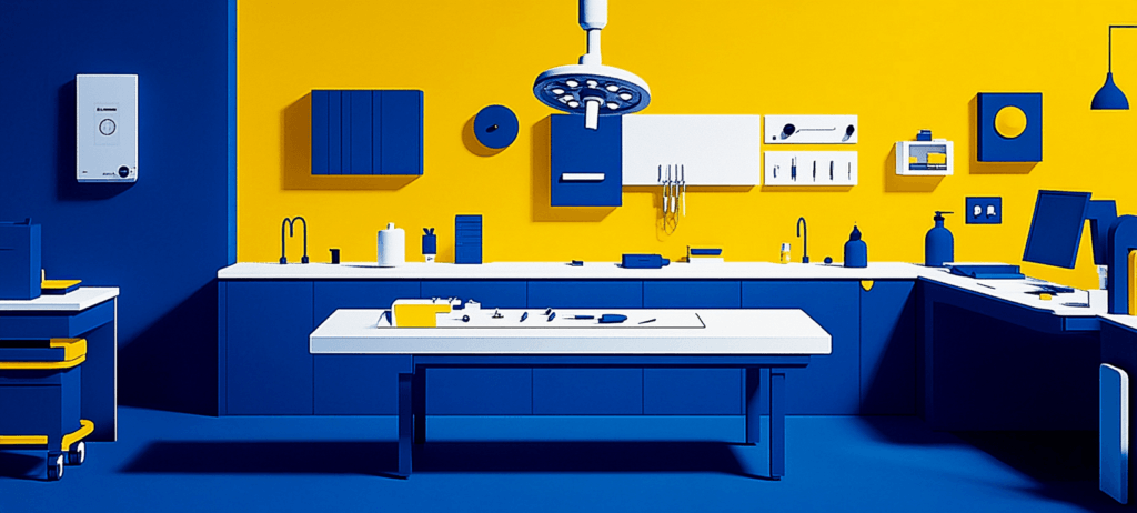 Stylized medical examination room in blue and yellow