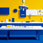Stylized medical examination room in blue and yellow