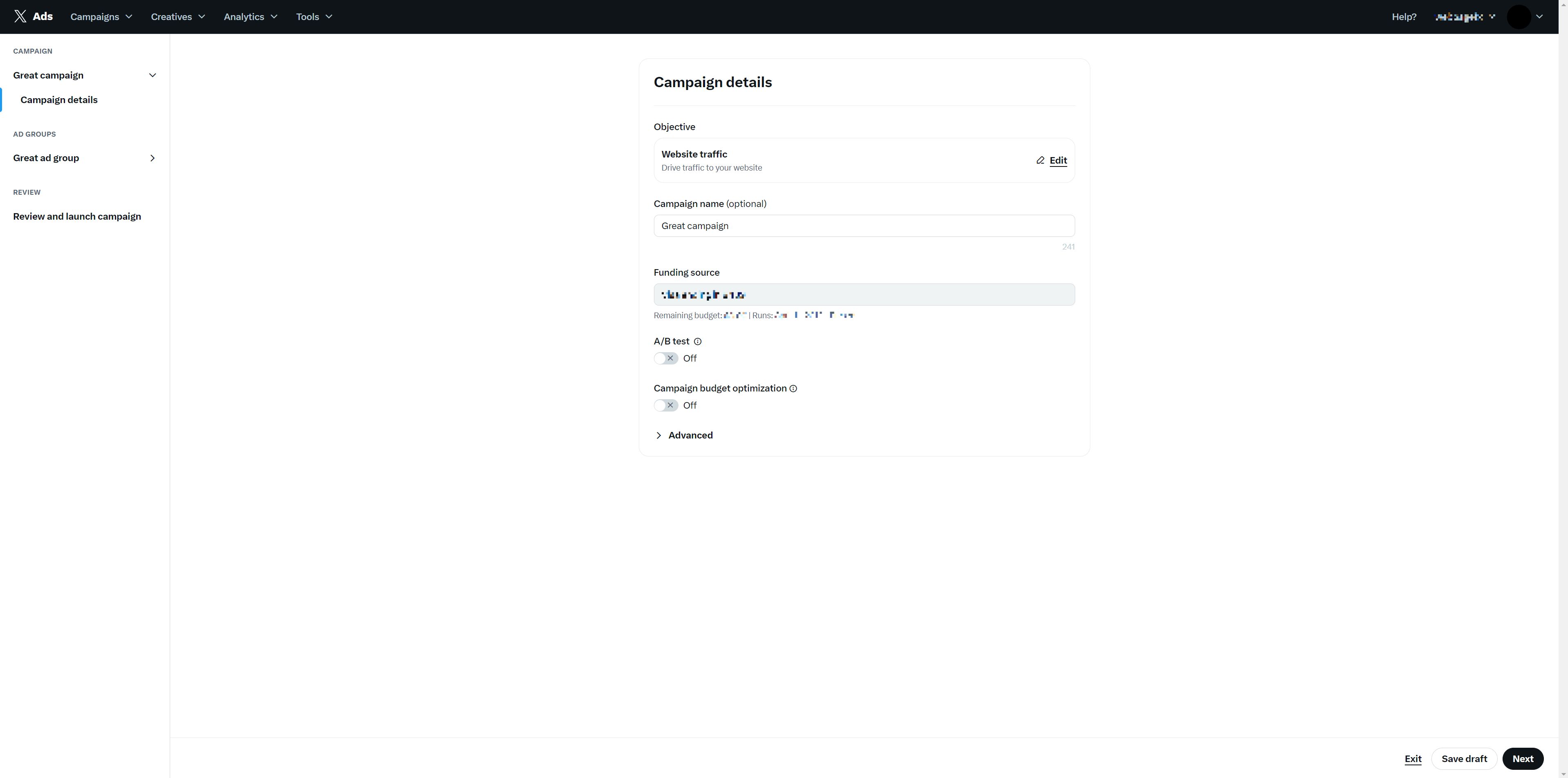 twitter/x ads manager campaign details