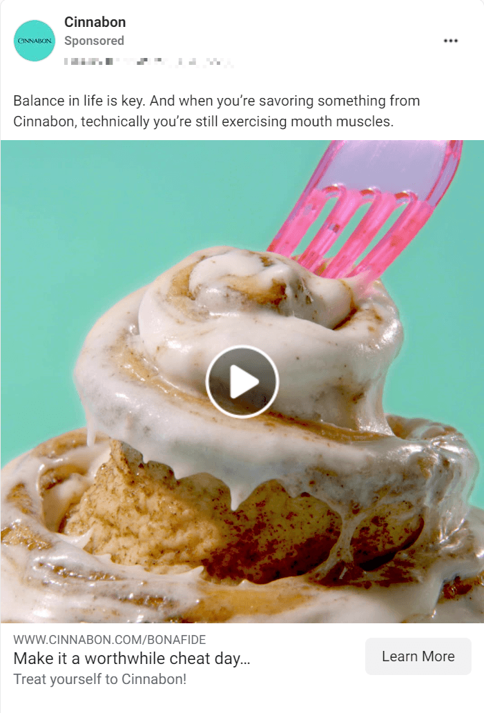 Cinnabon social media ad promoting their cinnamon buns