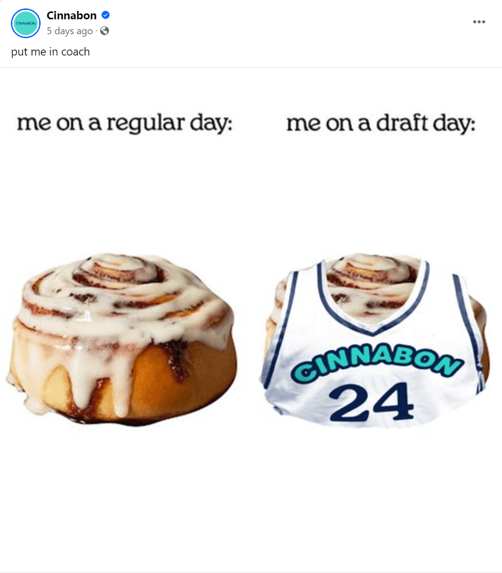 Cinnabon social media post with a cinnabon wearing a jersey