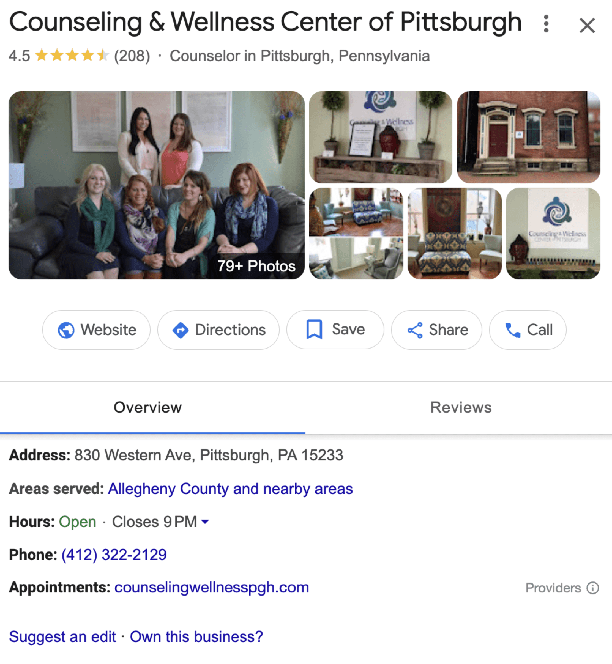 google my business profile for mental health counseling center in pittsburgh pa