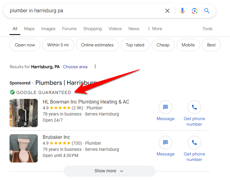 Screenshot of Google Guaranteed Ad
