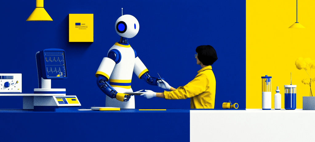 A person in yellow interacts with a humanoid robot in a blue and yellow lab with medical equipment.