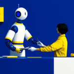 A person in yellow interacts with a humanoid robot in a blue and yellow lab with medical equipment.