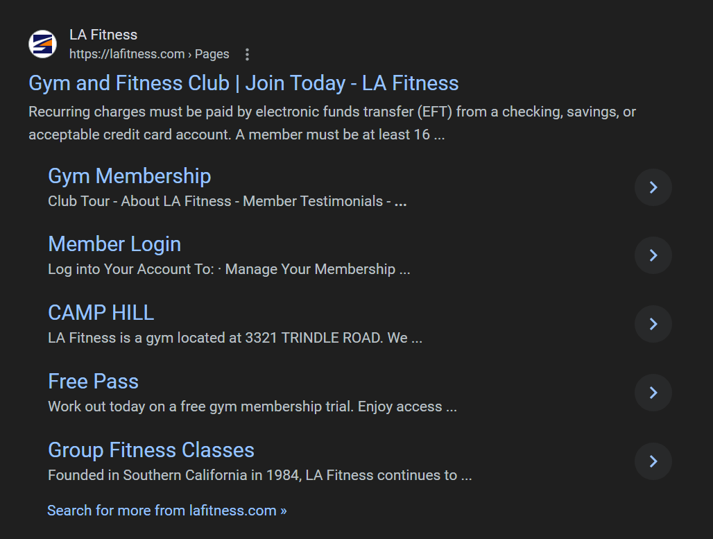 Google listing for LA Fitness