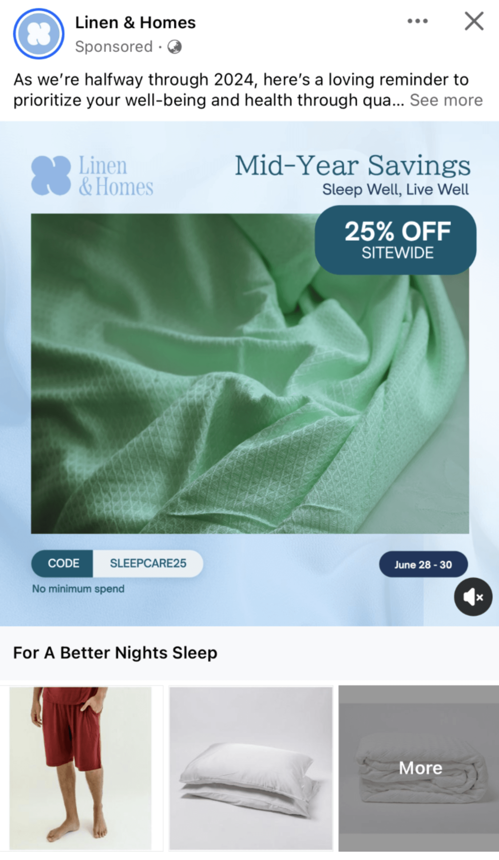 linen & homes facebook collection ad example