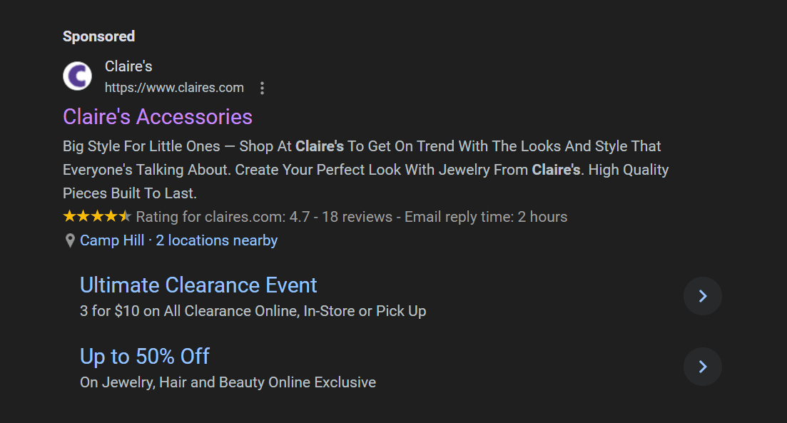 Paid ad appearing at the top of search results for Claire's