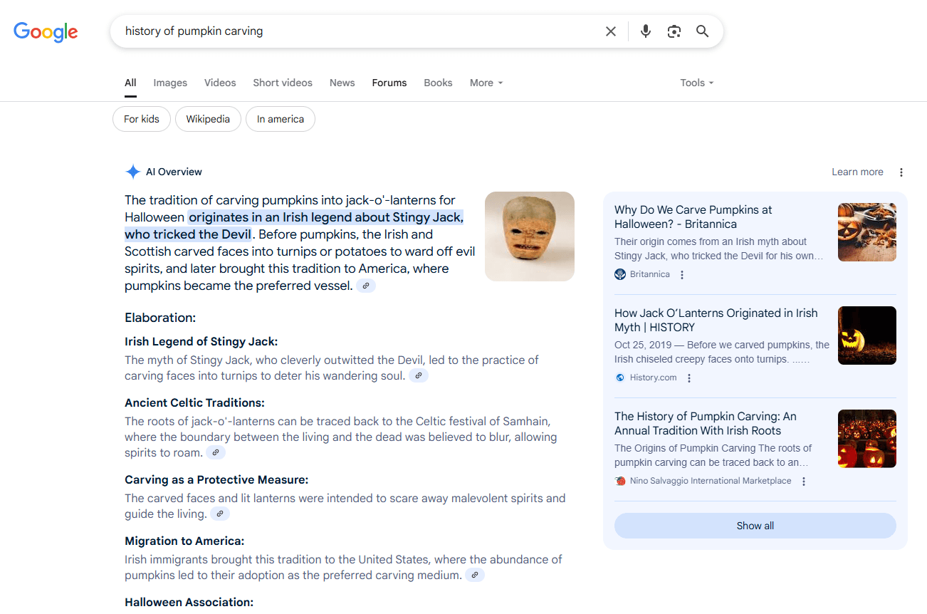 google ai overviews pumpkin example