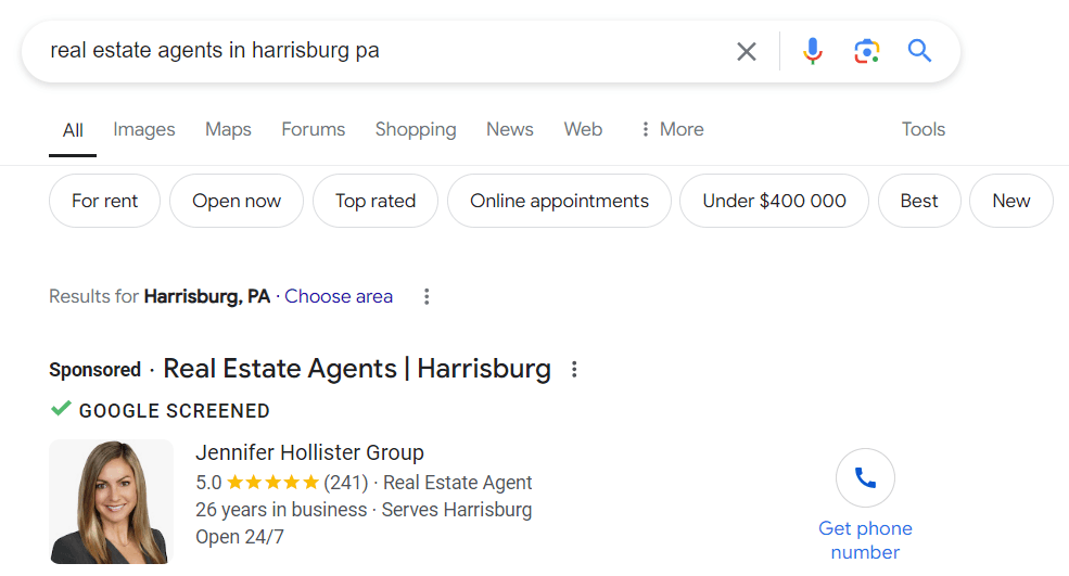 Screenshot of LSA for "real estate agent in Harrisburg"