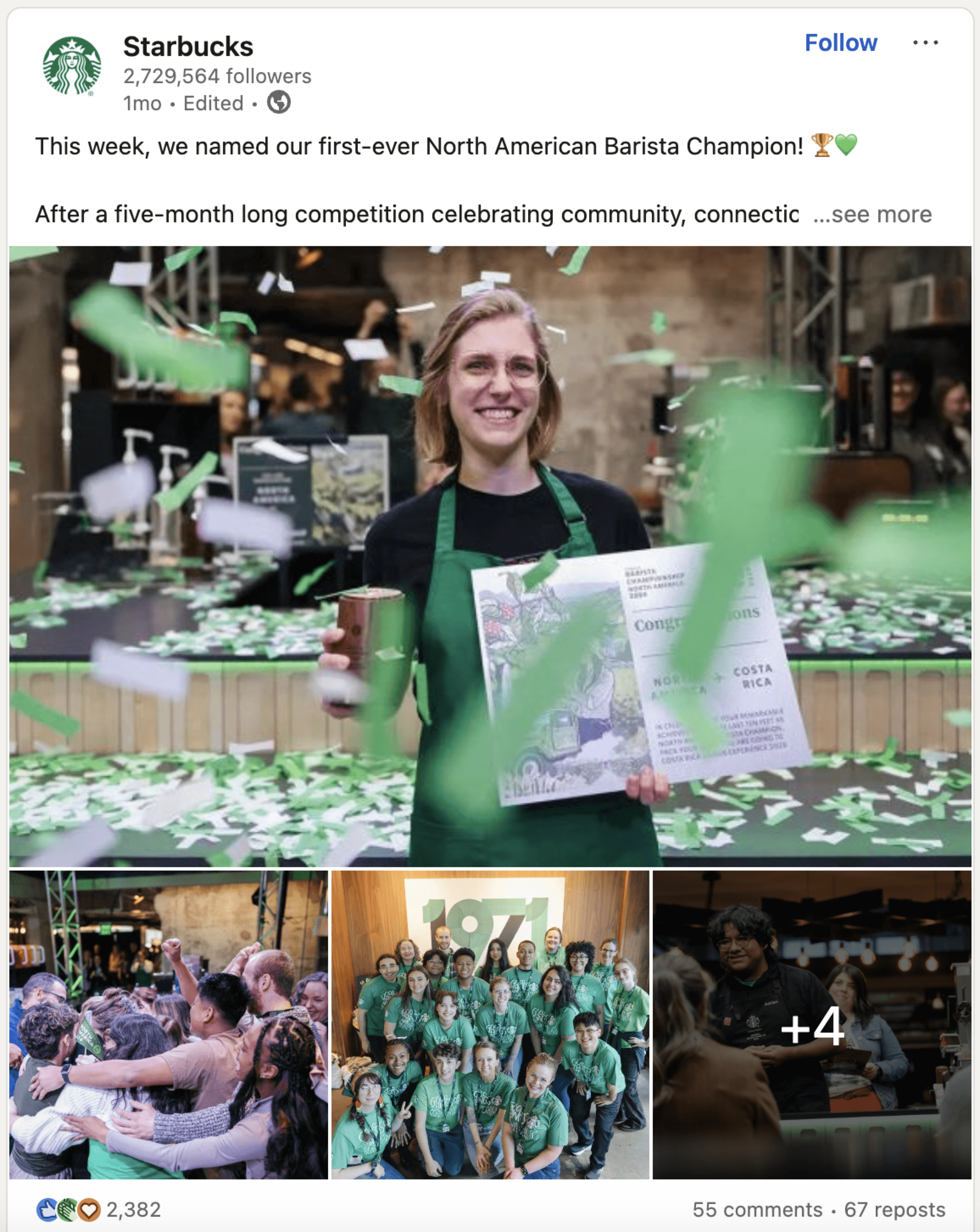 starbucks linkedin post celebrating employee achievement