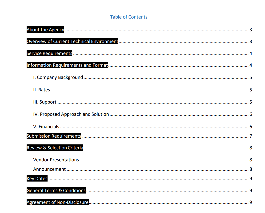 table of contents in a request for proposal