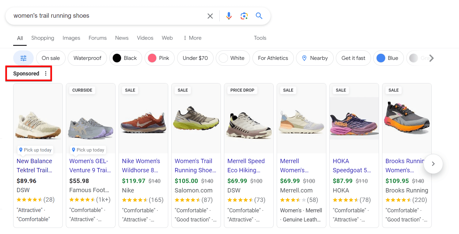 Screenshot of sponsored results for "women's trail running shoes"