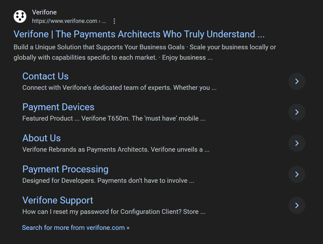 search result for Verifone on Google