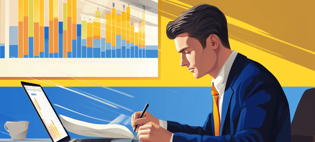 Man in a suit staring at a laptop with a graph of data in the background