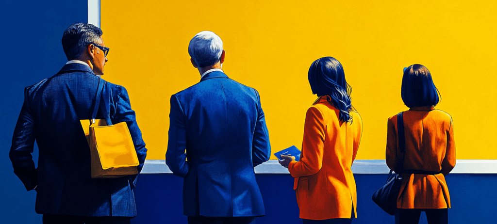 Two men in suits standing next to two women in suits, staring at a wall