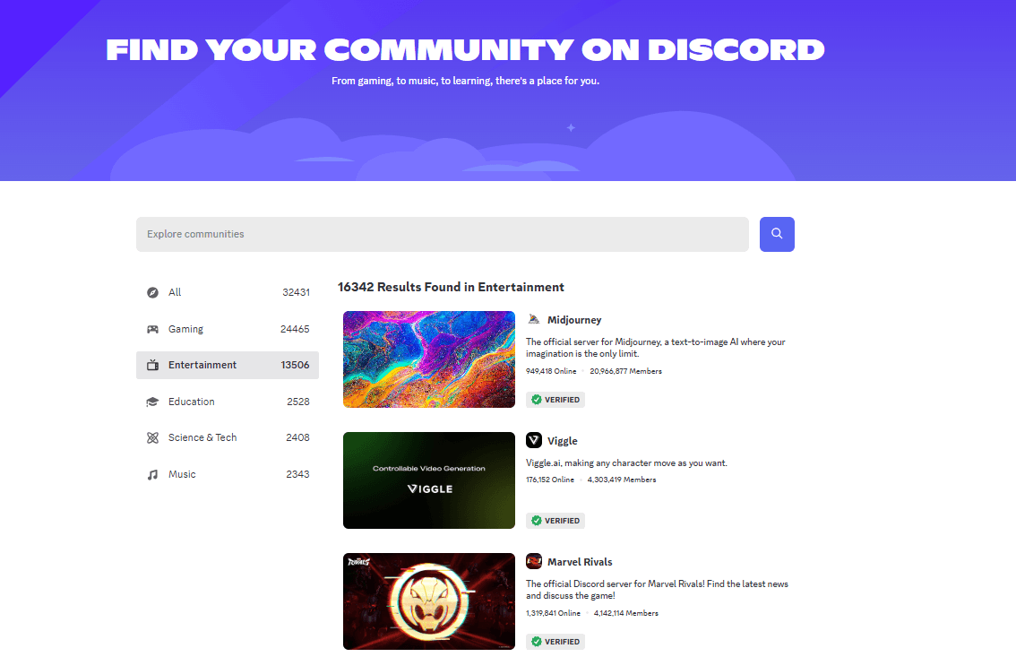 Discord dicover page