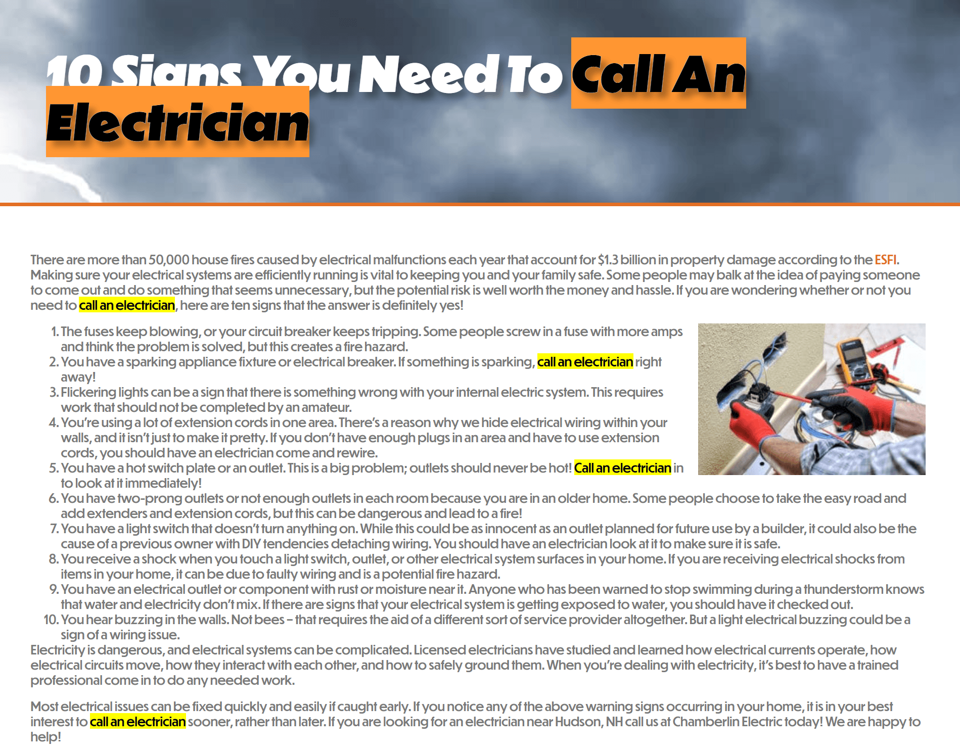 Electrician page showing a keyword integrated throughout the content