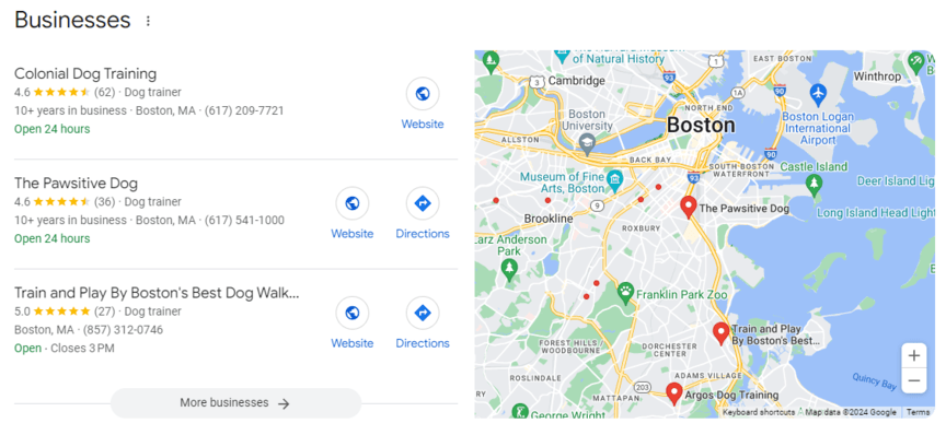 Google local 3-pack listing different dog trainers