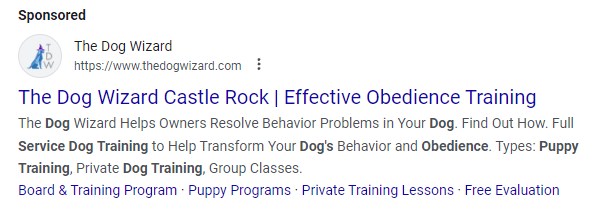 PPC ad for The Dog Wizard on Google