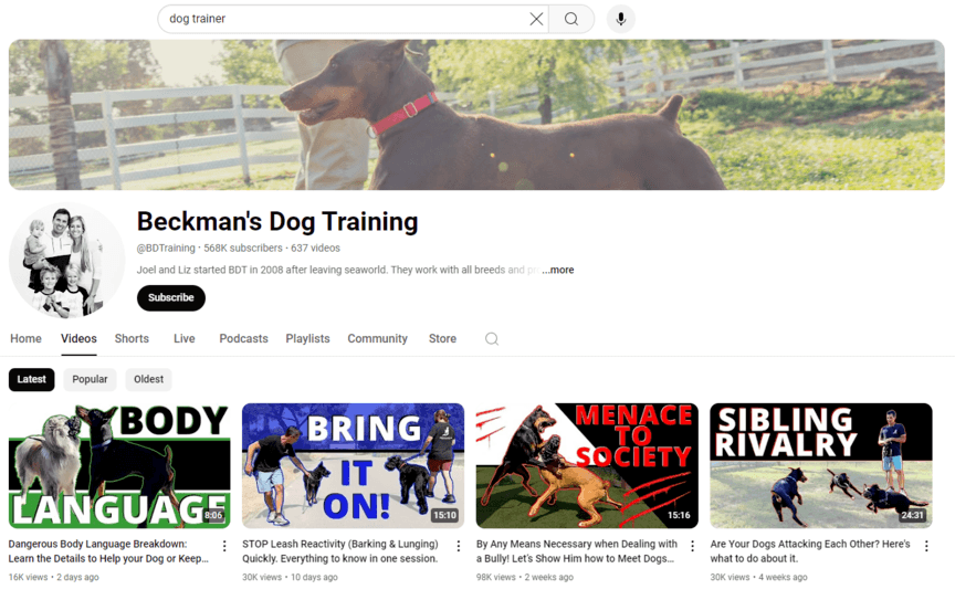 Beckman's Dog Training YouTube page