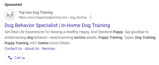 PPC ad for Top Gun Dog Training on Google