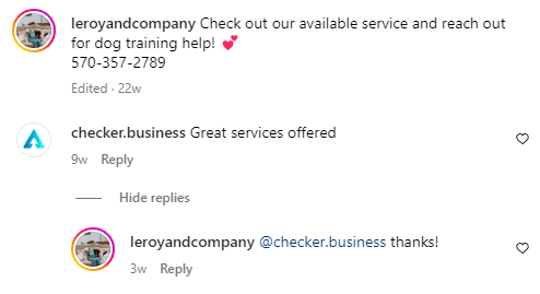 Instagram comments from Leroy and Company interacting with a follower