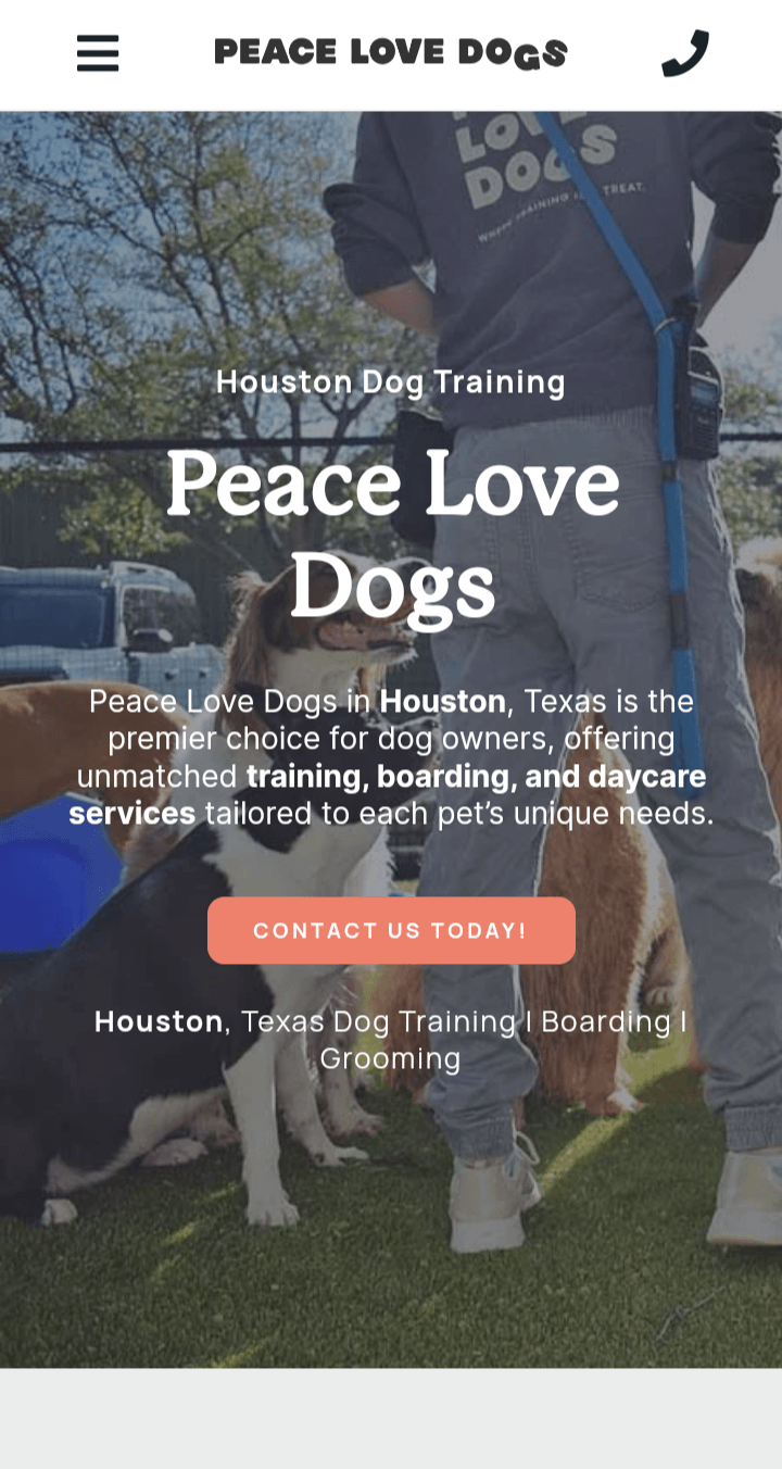 Mobile version of Peace Love Dogs website