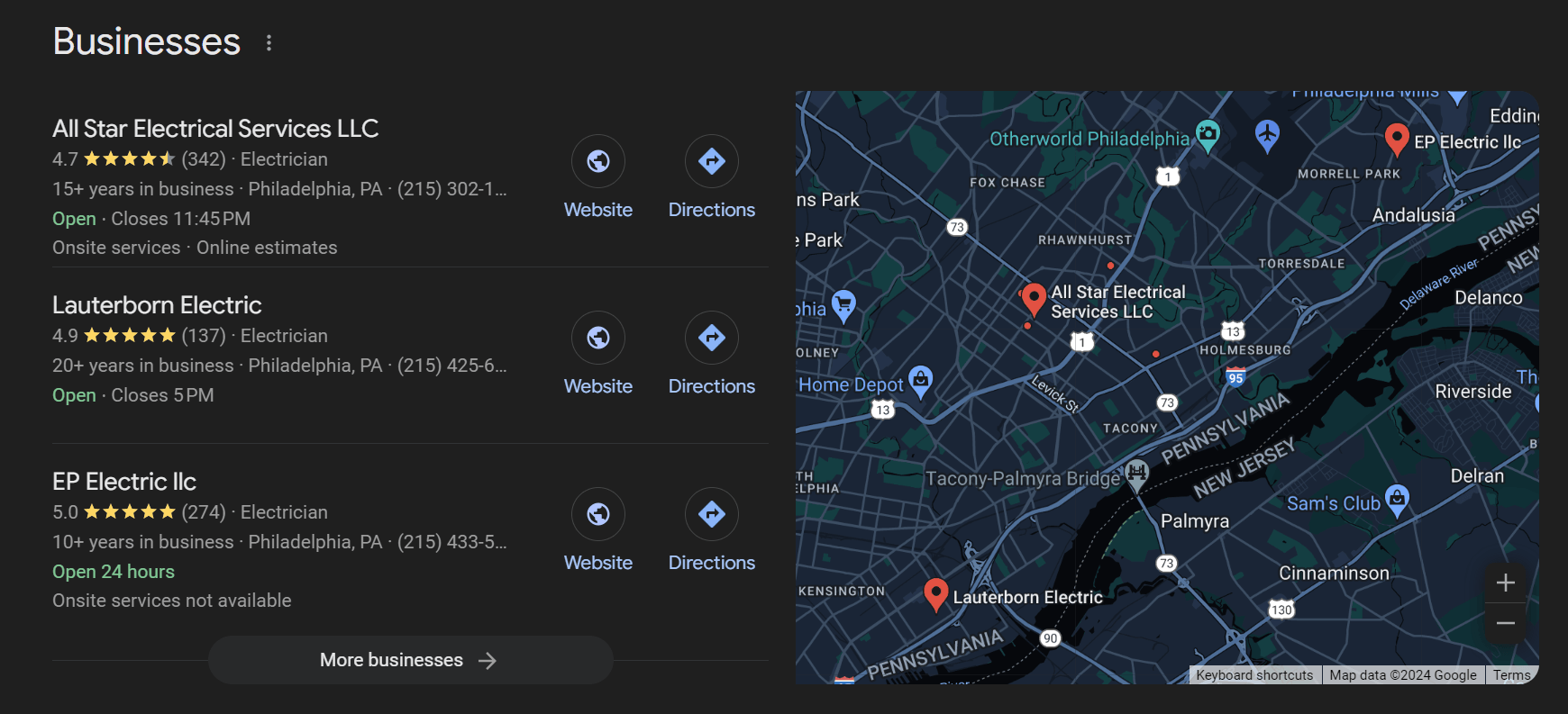 Google Business Profile listings for electricians in Philadelphia