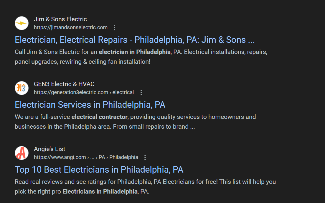 SEO listings for electricians in Philadelphia