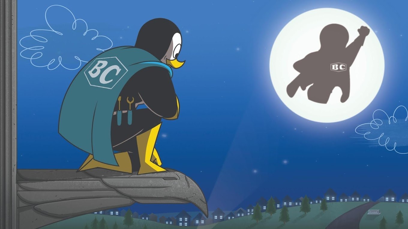 Penguin wearing a green cape with a "BC" perched and looking at the moon