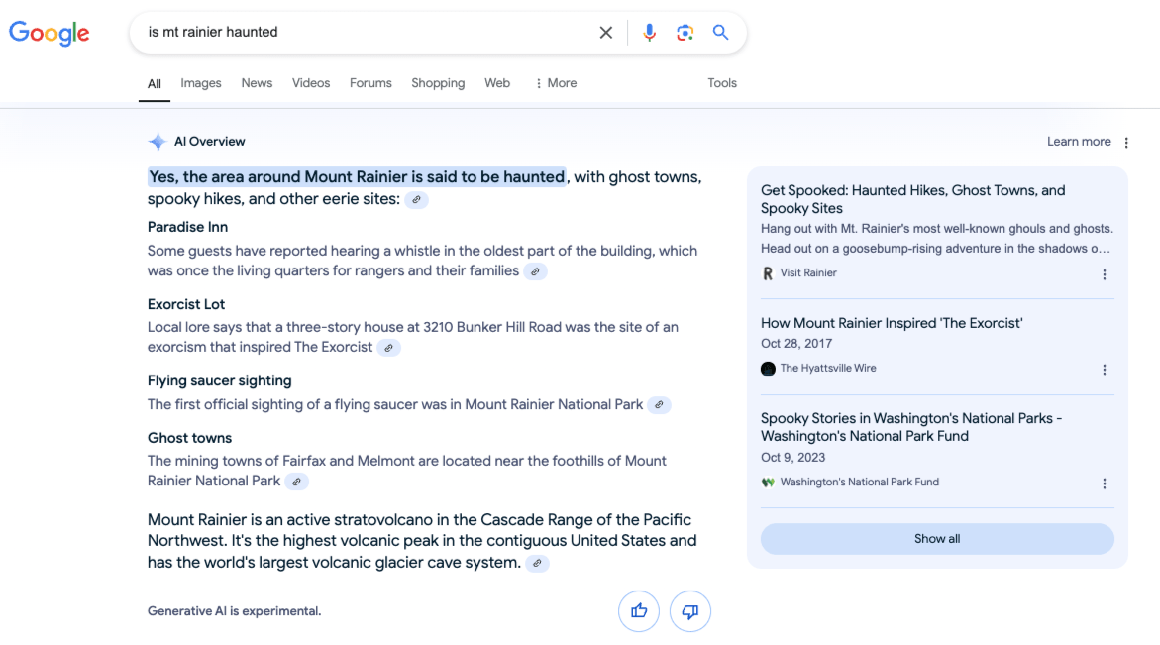 ai overview in google search results for mt rainier