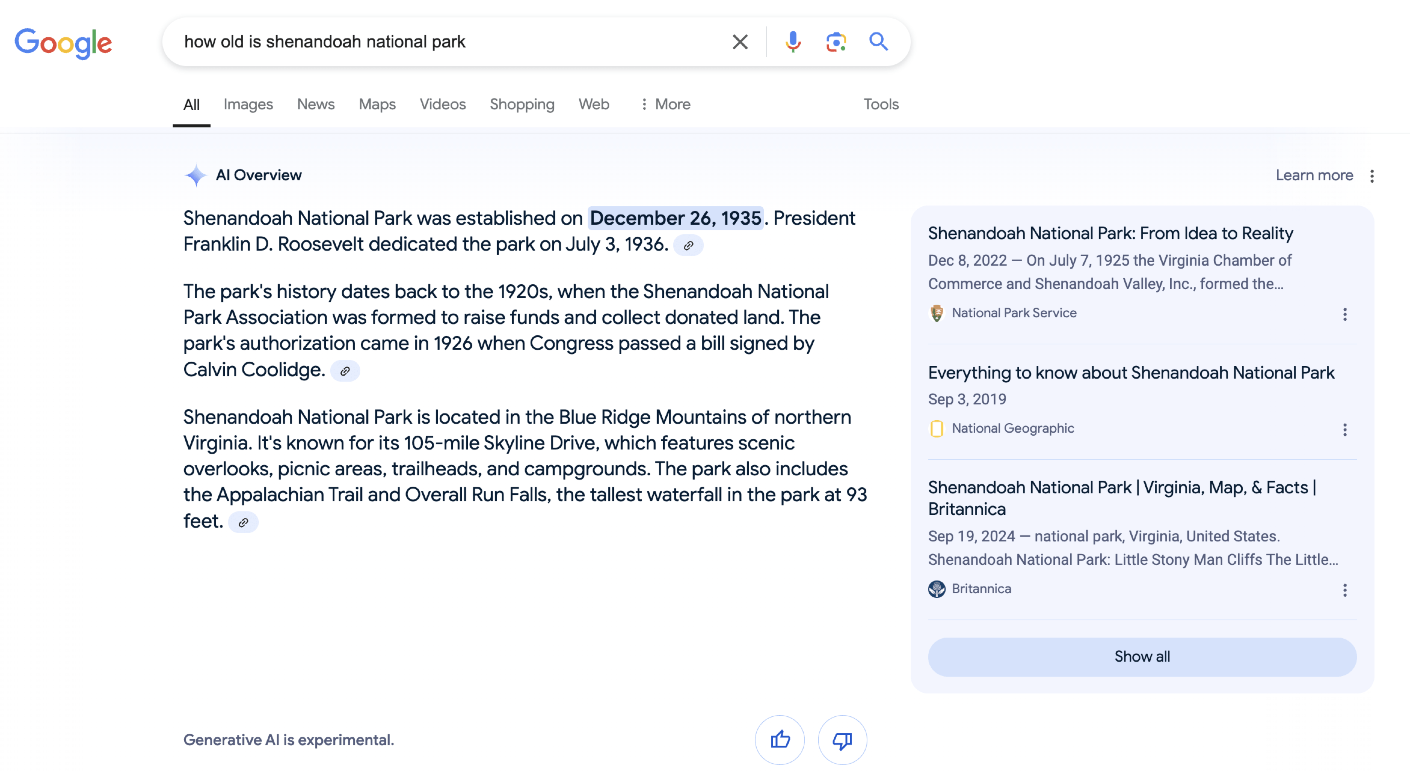 ai overview of shenandoa national park history