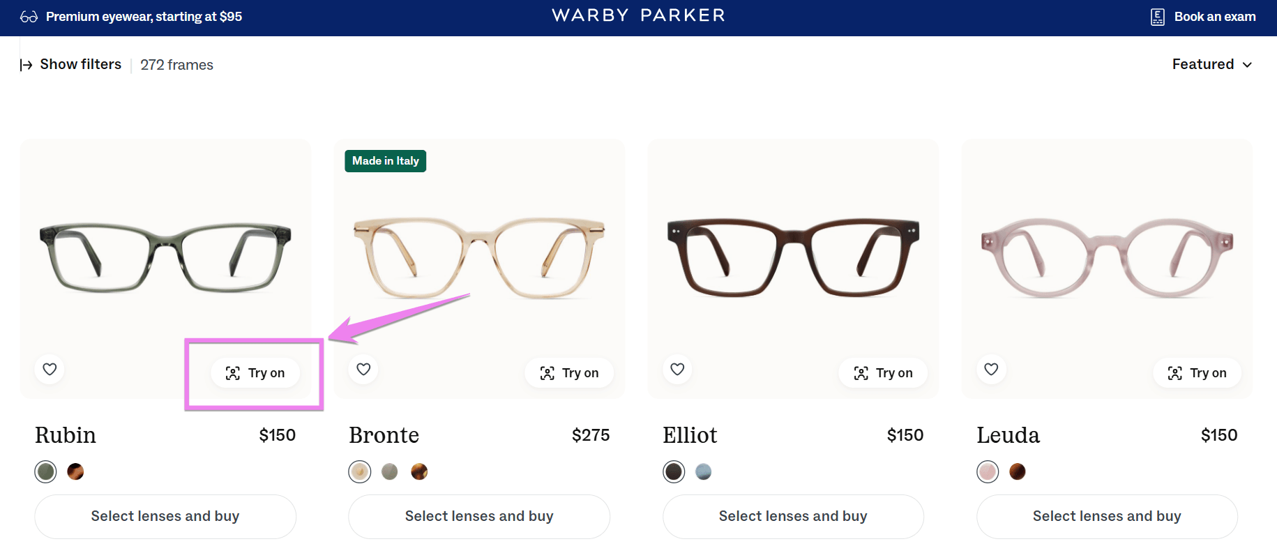 An example of an immersive product experience that lets shoppers try on eyeglasses virtually before buying