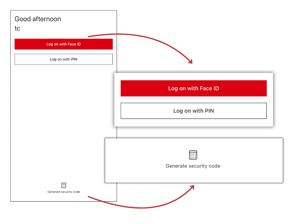 An example of an app login that provides different options: face scan, PIN, or security code