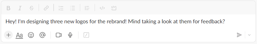 Chat messaging asking someone to look at the logo redesigns