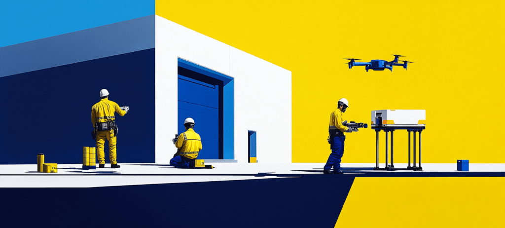 Three workers and a drone outside a blue and white building.