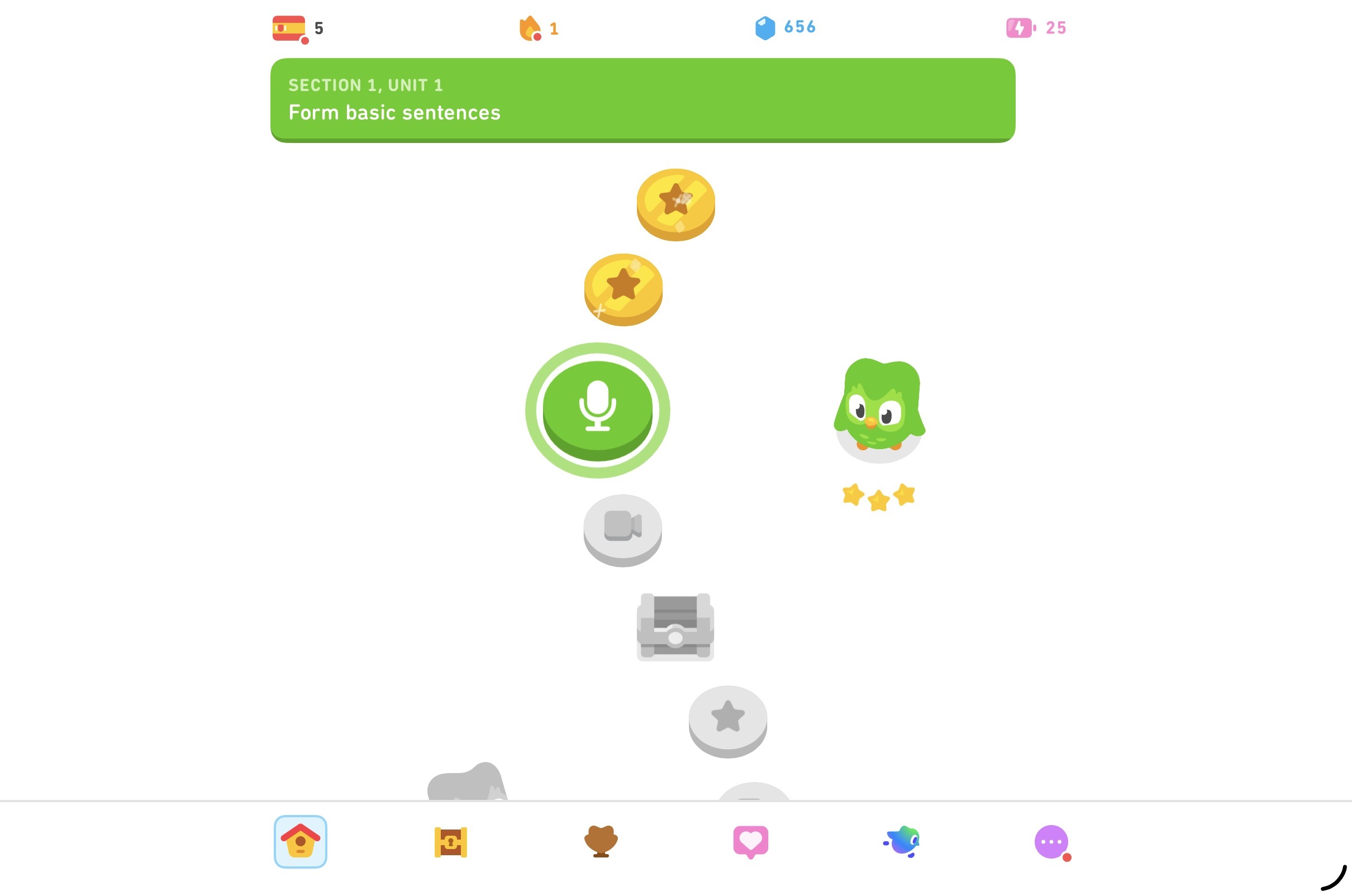 An example of a gamification interface from Duolingo shows a user&rsquo;s progress, rewards, and streaks.