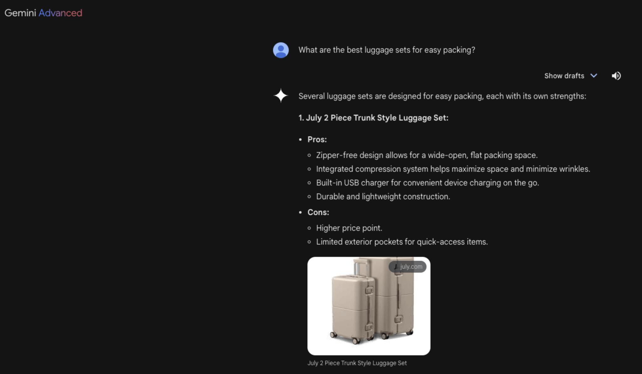 A screenshot on Gemini referring a brand in response to a user query about luggages.
