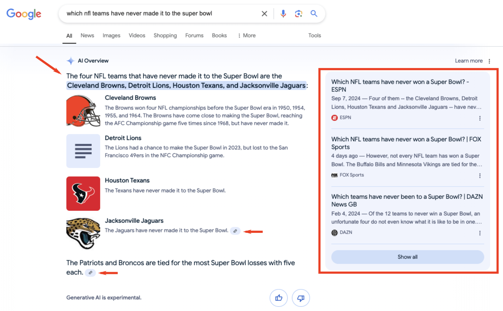 A screenshot of Google's AI overviews showing how AI-generated summaries appear above or alongside traditional search results.