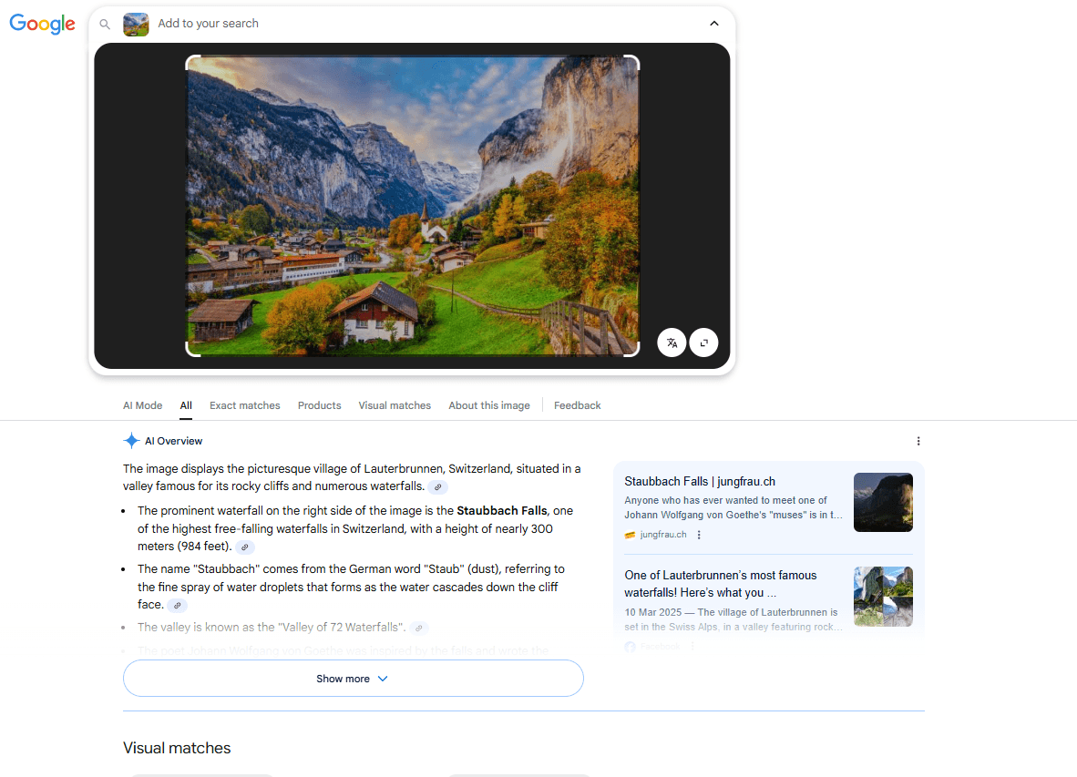 A Google Lens searcg of the scenic Lauterbrunnen Valley in Switzerland showing an Ai overview and visual searches