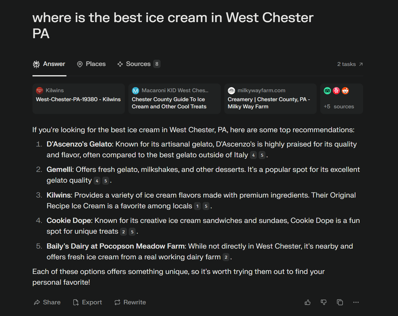 Search results on Perplexity for a local ice cream shop